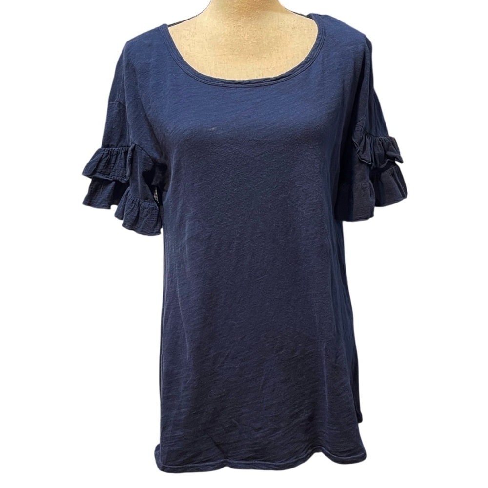 Heather‎ Navy Blue Ruffle Short Sleeve Cotton Shirt Women’s medium